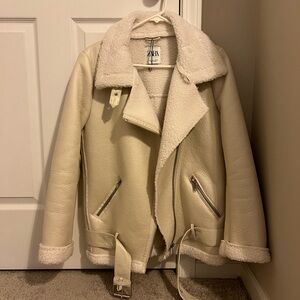 Zara Cream Aviator Leather Sherpa Jacket